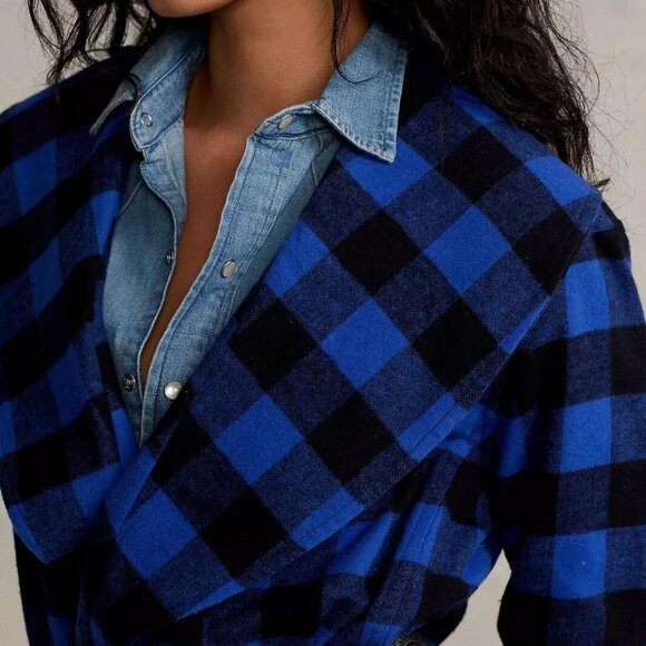 POLO RALPH LAUREN Checked Belted Shawl Collar Jacket XS Fringe Blue NEW $328 - Picture 3 of 14